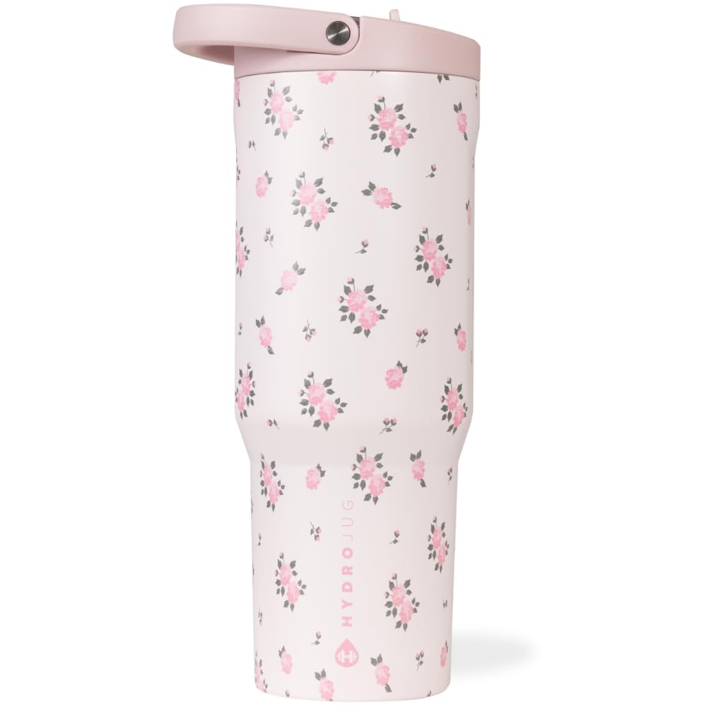 HydroJug Sport - Stainless Steel Tumbler with Straw, Vacuum Insulated, 32oz Leakproof Water Bottle, Ergonomic Design, Reusable, Dishwasher Safe, Rubber Base, Durable for Gym or Outdoors, Pink Sugar