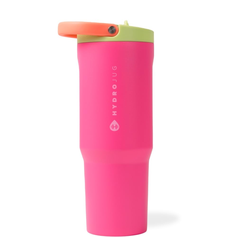 HydroJug Sport - Stainless Steel Tumbler with Straw, Vacuum Insulated, 32oz Leakproof Water Bottle, Ergonomic Design, Reusable, Dishwasher Safe, Rubber Base, Durable for Gym or Outdoors, Pink Sugar
