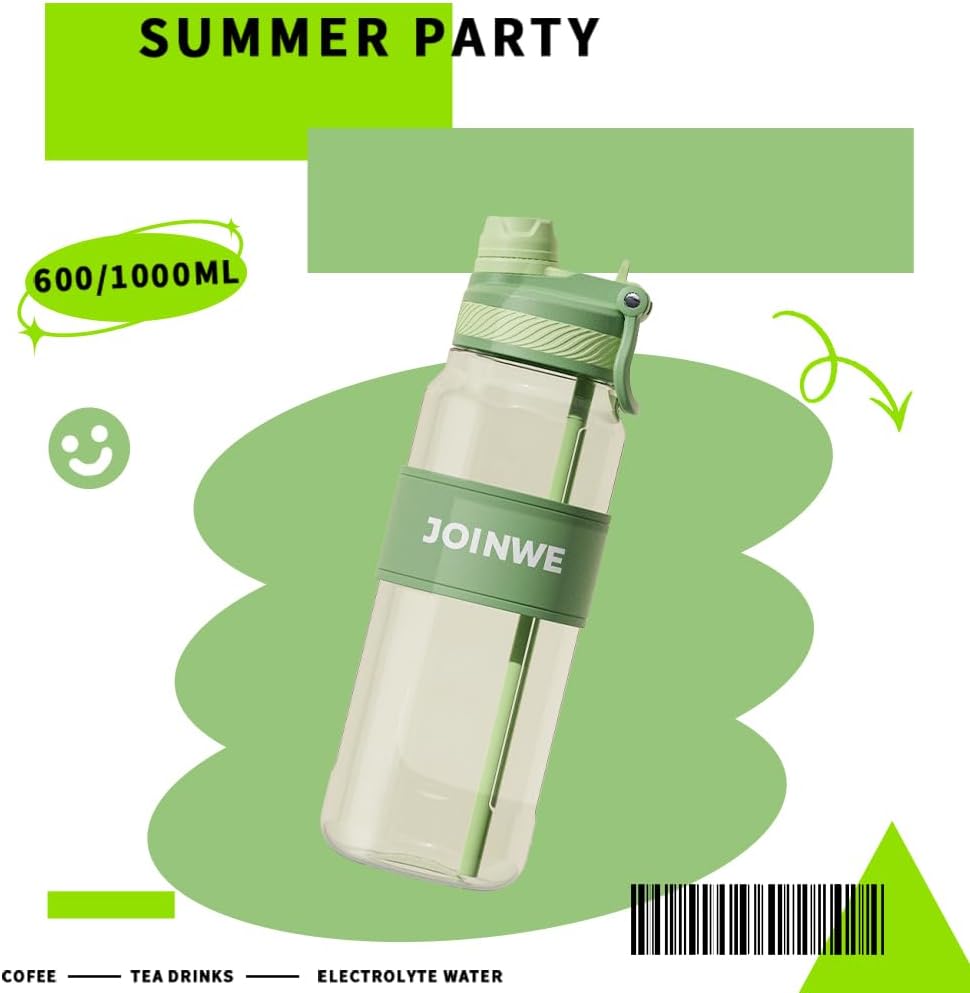 ZZT 34 oz Plastic Water Bottles, Sports Water Bottle With Straw, Leakproof,Double Drinking，Sports Water Bottle for Indoor and Outdoor Activity ﻿ (Green)