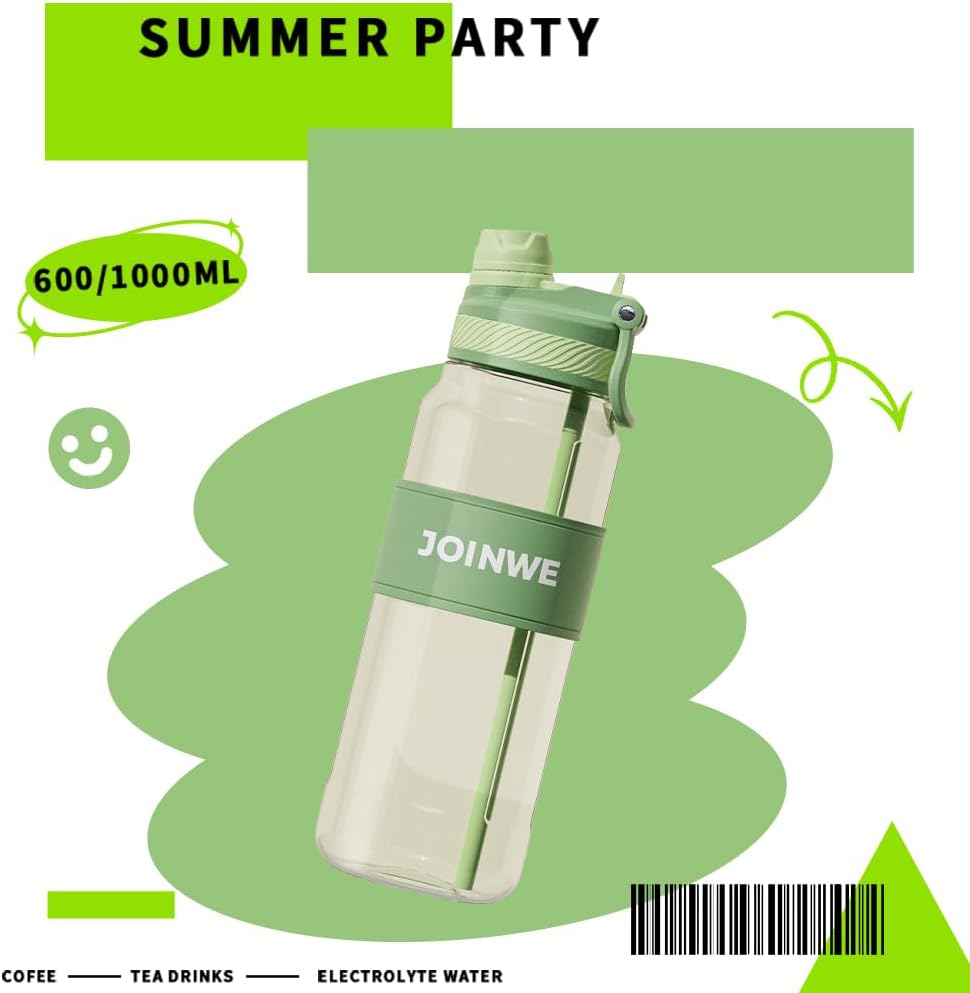 ZZT 34 oz Plastic Water Bottles, Sports Water Bottle With Straw, Leakproof,Double Drinking，Sports Water Bottle for Indoor and Outdoor Activity ﻿ (Green)