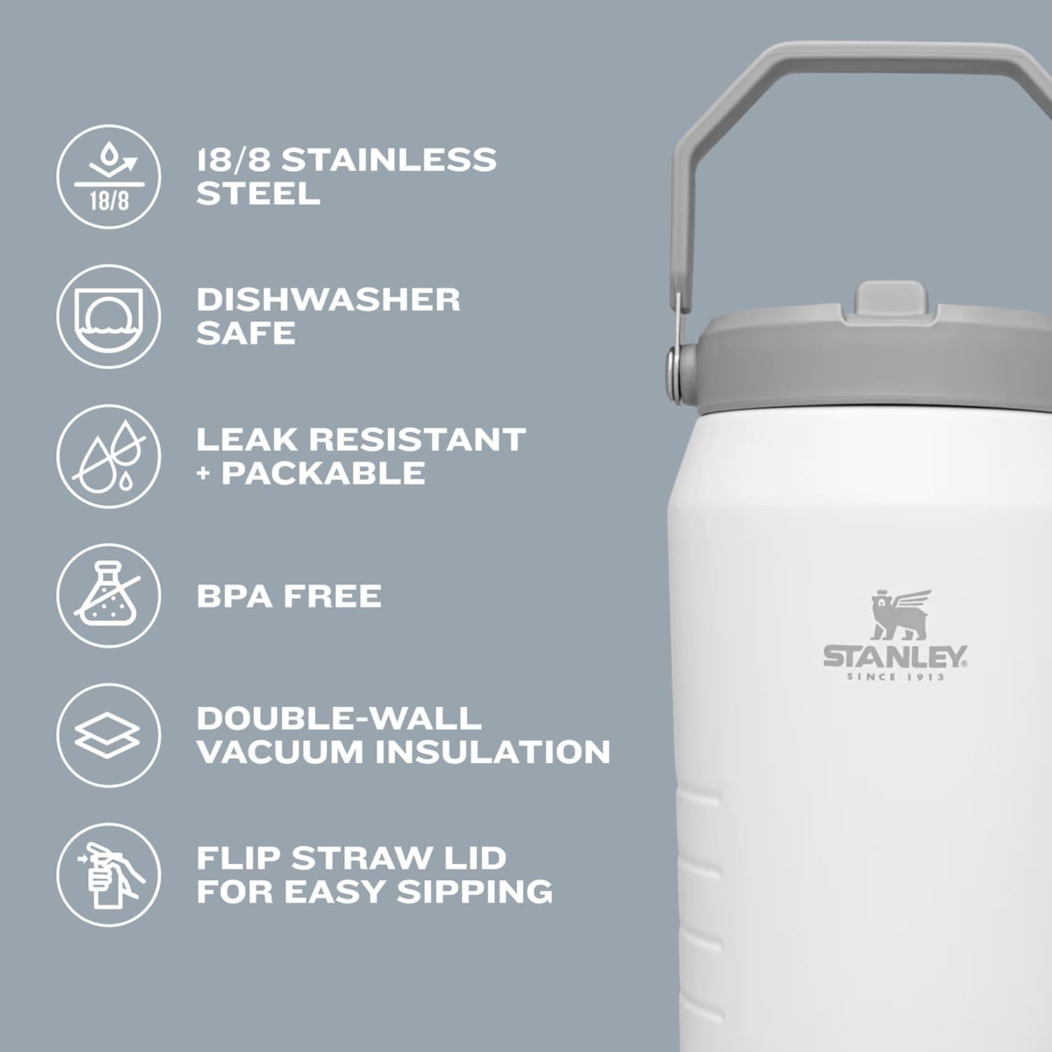 Stanley IceFlow 2.0 Flip Straw Jug with Handle 64 oz | Twist On Lid and Flip Up Straw | Leakproof for Travel and Sports | Insulated Stainless Steel | BPA-Free | Frost