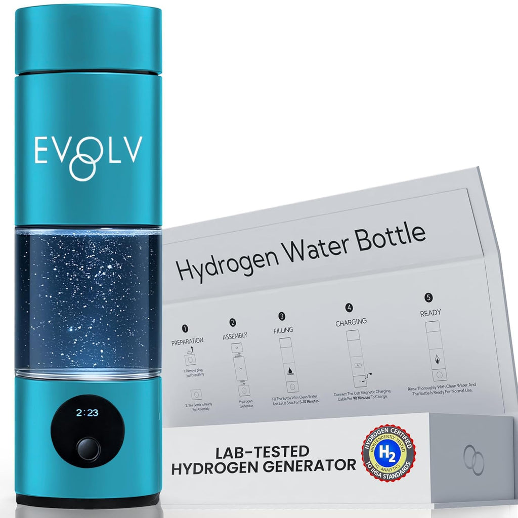EVOLV Hydrogen Water Bottle Generator – SPE & PEM Water Ionizer 5.4PPM, Highest H2 Concentration – Portable 8oz Hydrogenated Water Bottle – Leak-Proof Hydrogen Water Machine, Easy to Use – Turquoise