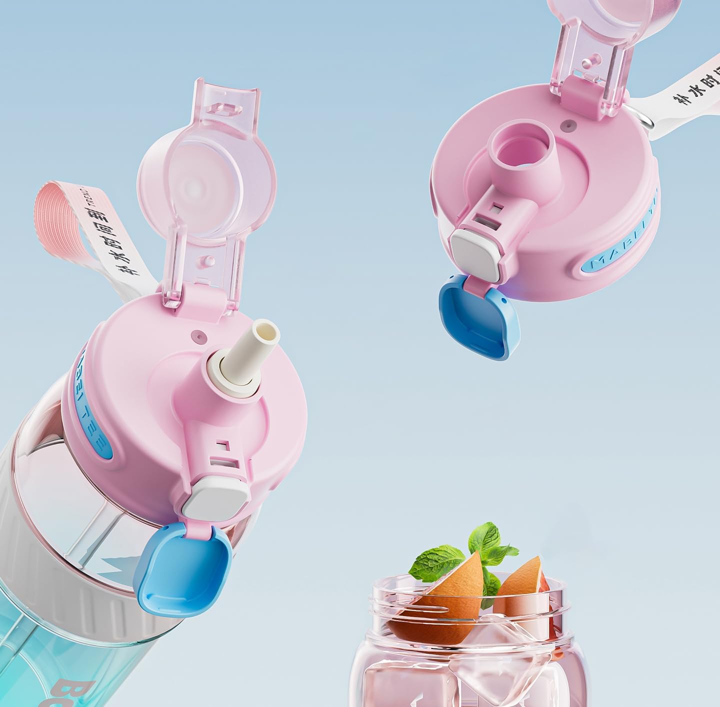 ZZT 34 oz Plastic Water Bottles, Sports Water Bottle With compass,Leakproof,Double Drinking,Sports Water Bottle for Indoor and Outdoor Activity ﻿ (Pink)