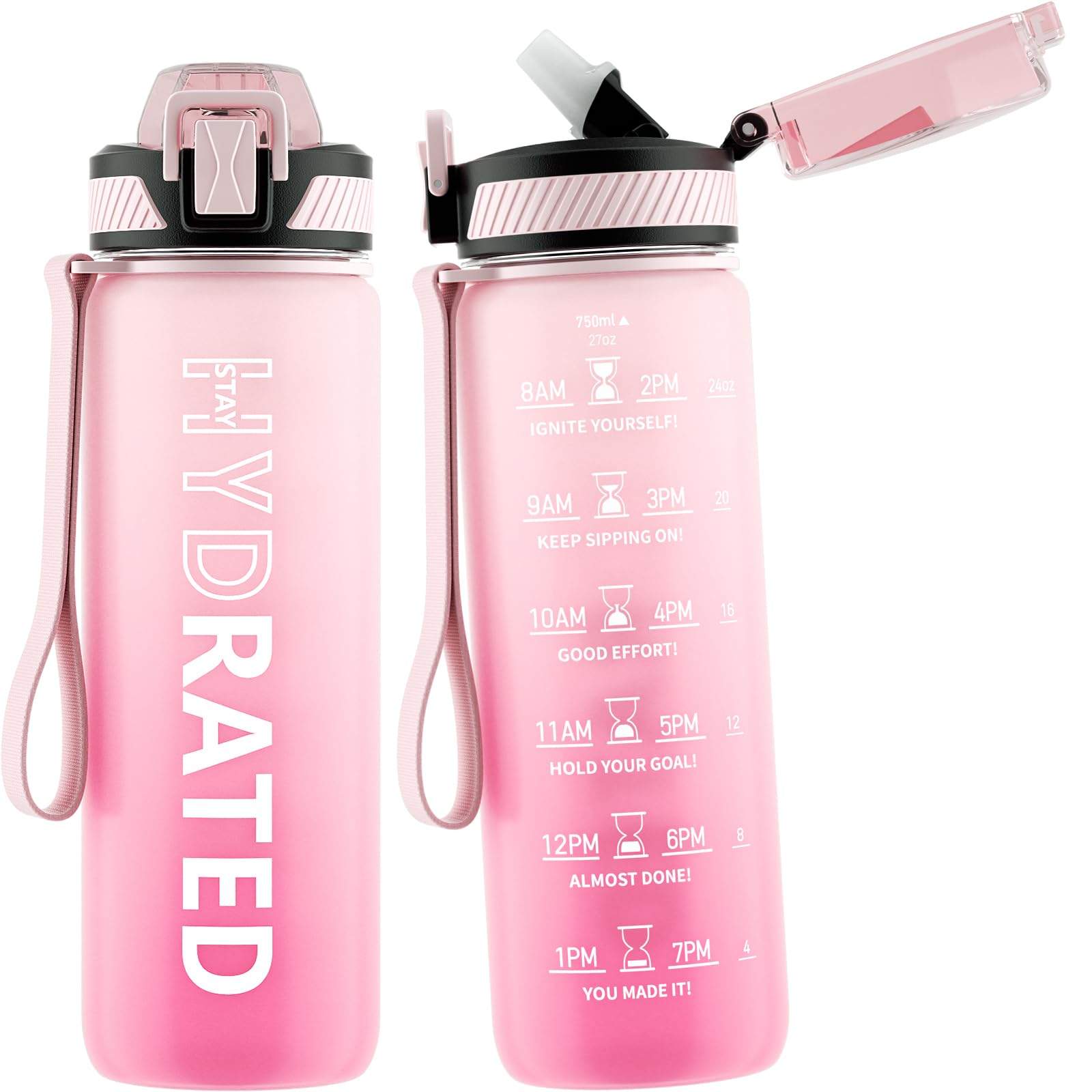 Water Bottle with Straw, 32oz Motivational Water Bottles with Time Marker to Drink, Tritan BPA Free, 1L Sports Water Bottle with Carry Strap LeakProof for Women Gym Fitness Outdoor (1 Pack)