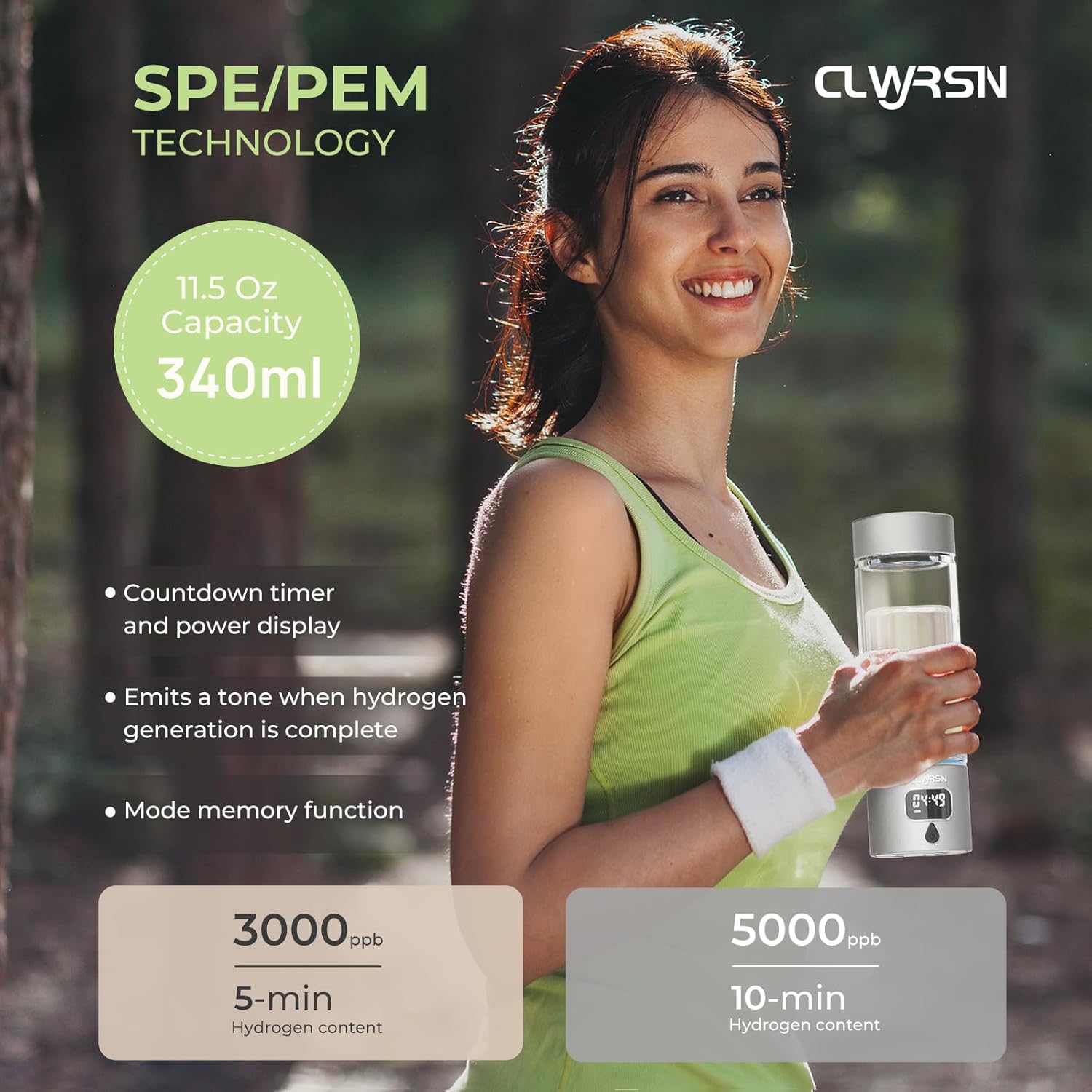 Hydrogen Water Bottle, Portable Glass Hydrogen Water Bottle Generator Machine — SPE/PEM Technology — Athletic Performance & Hydration System — for Gym, Sports, Travel & Outdoor, 11.5Oz (Silver)