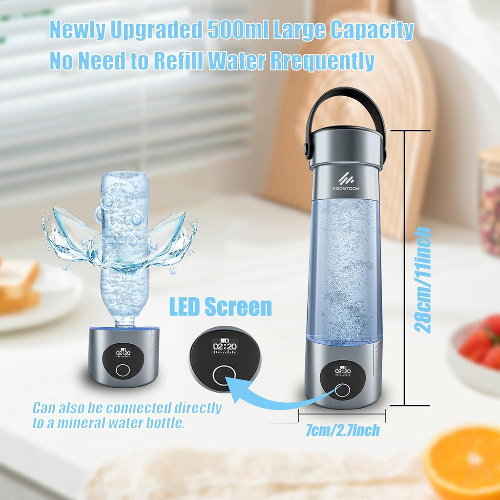 KOOMTOOM 500ML Hydrogen Water Bottle,2025 Portable Hydrogen Generator with Handle,SPE & PEM Technology,6000 PPB Concentration,17OZ Hydrogen Water Generator Healthy Gift for Lover,Family - Dark Grey