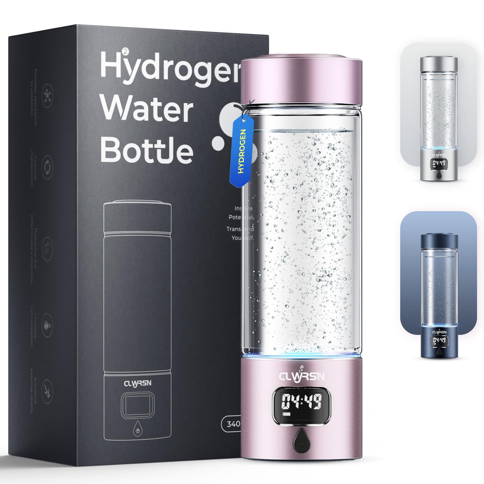 Hydrogen Water Bottle, Portable Glass Hydrogen Water Bottle Generator Machine — SPE/PEM Technology — Athletic Performance & Hydration System — for Gym, Sports, Travel & Outdoor, 11.5Oz (Silver)