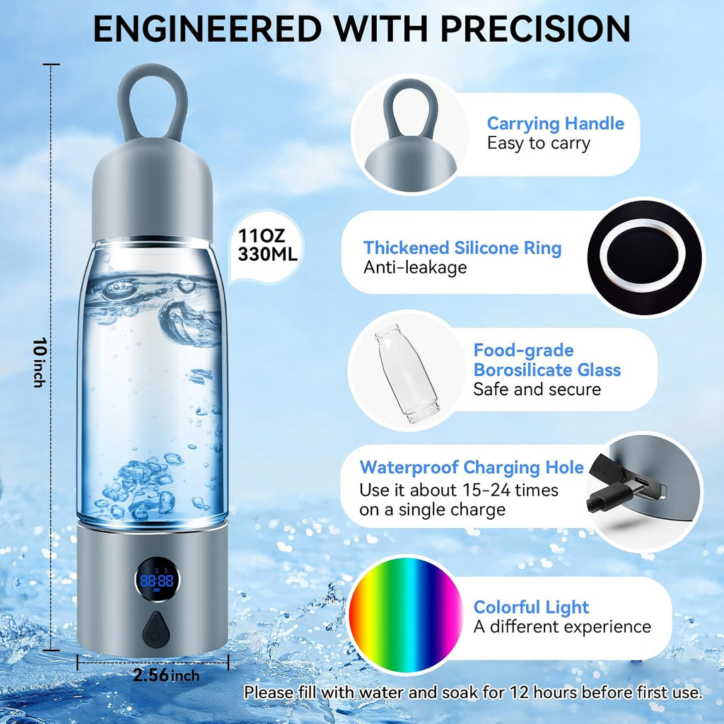Hydrogen Water Bottle with Three Modes Produces 5000 PPB of Hydrogen Water in 8 Minutes,Made of Aluminium and Glass,with Colorful Light,Rechargeable for Travelling,Office,Home