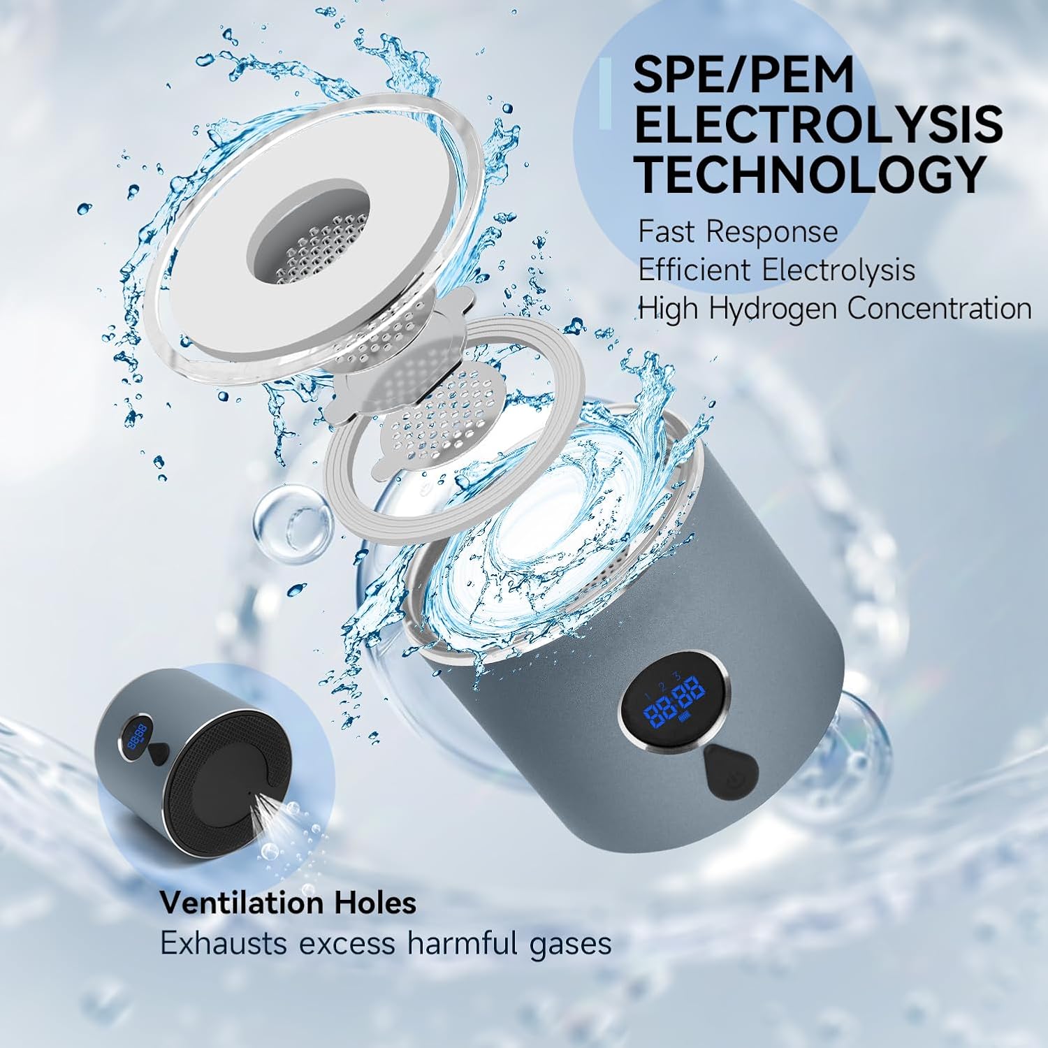 Hydrogen Water Bottle with Three Modes Produces 5000 PPB of Hydrogen Water in 8 Minutes,Made of Aluminium and Glass,with Colorful Light,Rechargeable for Travelling,Office,Home