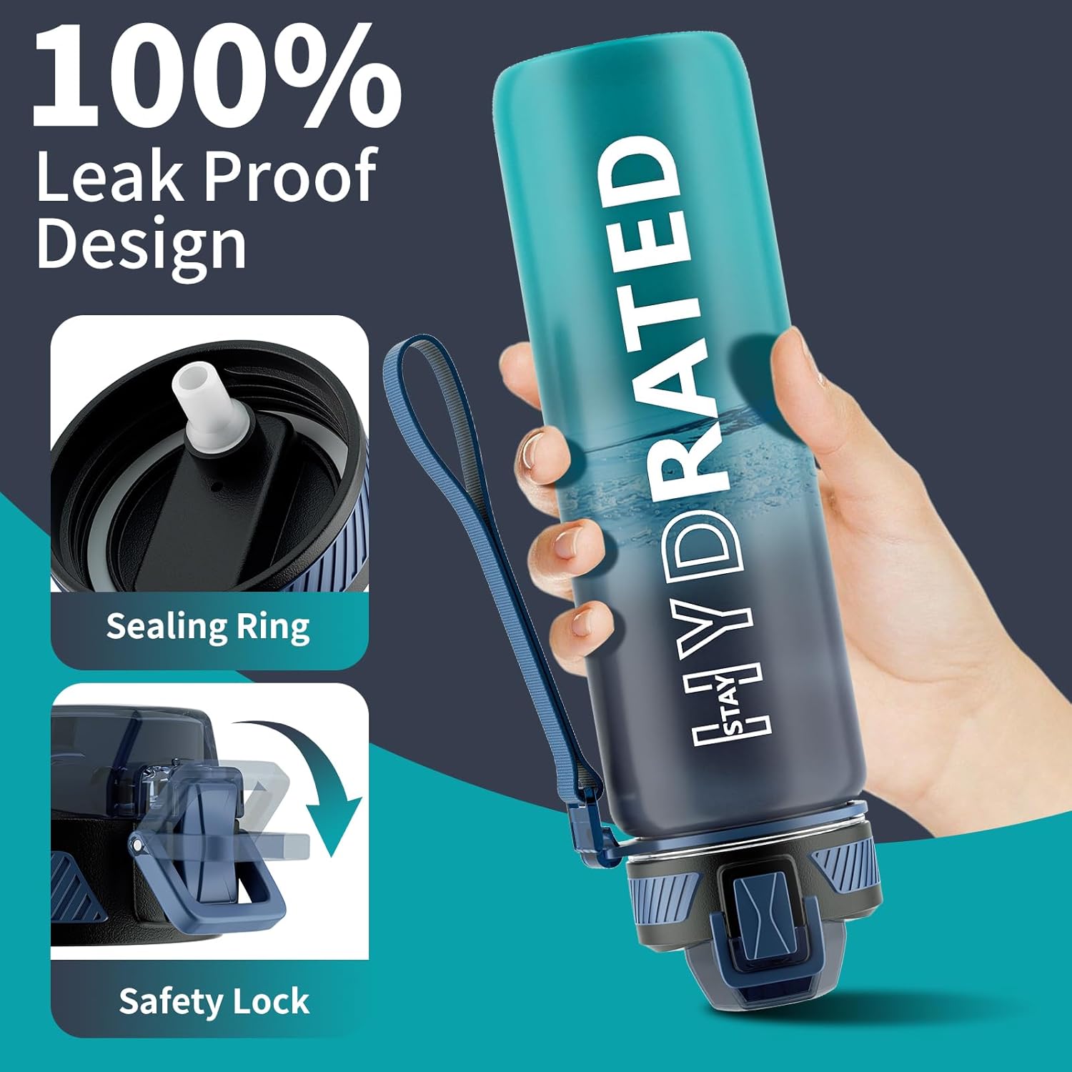 Water Bottle with Straw, 32oz Motivational Water Bottles with Time Marker to Drink, Tritan BPA Free, 1L Sports Water Bottle with Carry Strap LeakProof for Women Gym Fitness Outdoor (1 Pack)