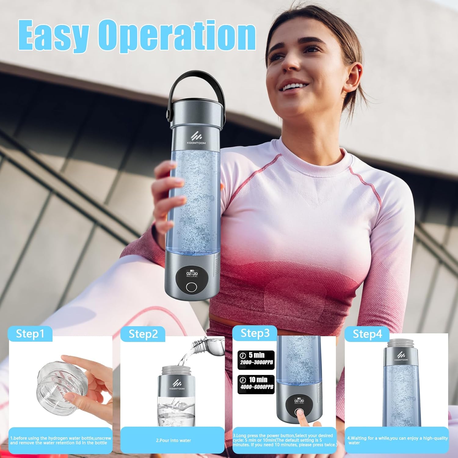 KOOMTOOM 500ML Hydrogen Water Bottle,2025 Portable Hydrogen Generator with Handle,SPE & PEM Technology,6000 PPB Concentration,17OZ Hydrogen Water Generator Healthy Gift for Lover,Family - Dark Grey