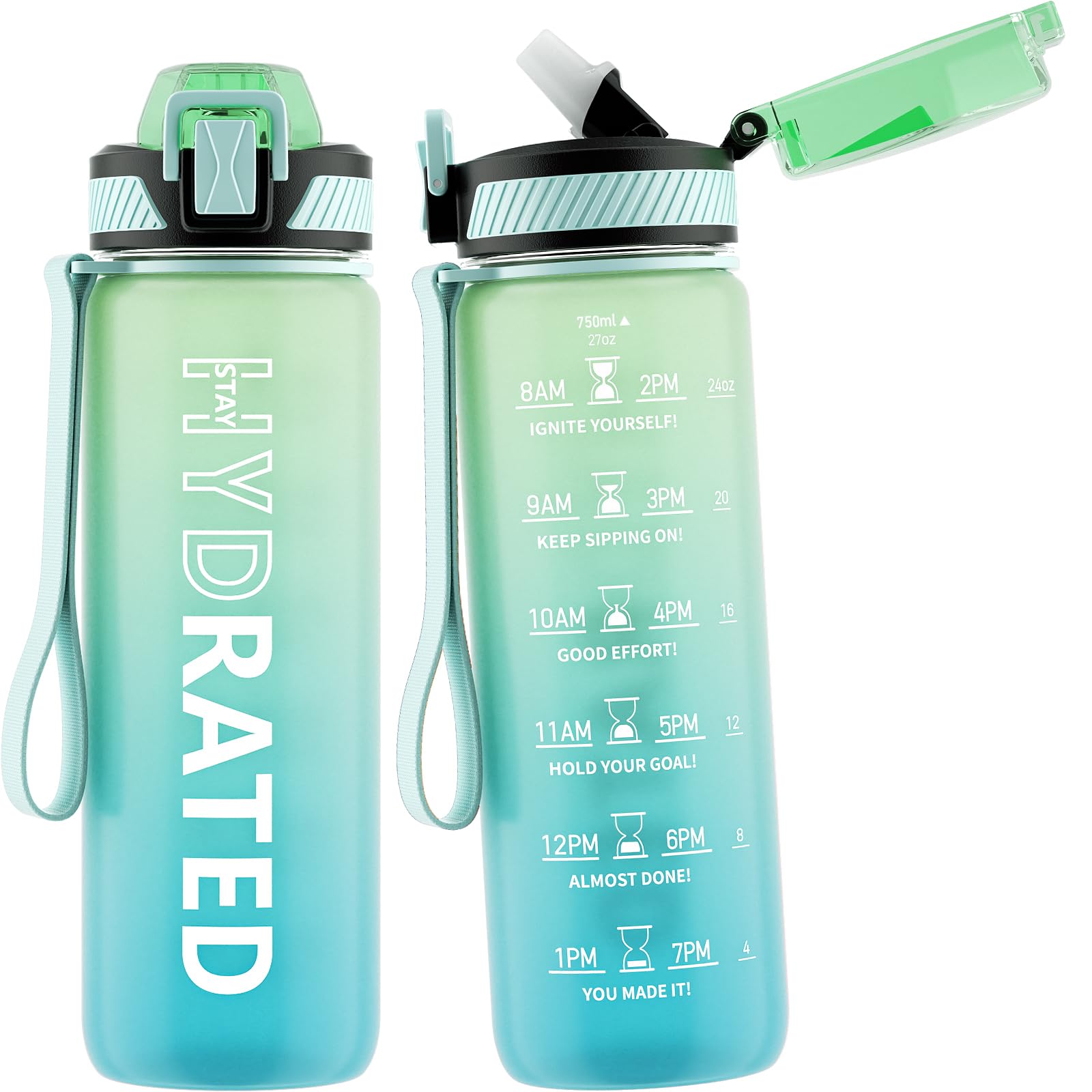 Water Bottle with Straw, 32oz Motivational Water Bottles with Time Marker to Drink, Tritan BPA Free, 1L Sports Water Bottle with Carry Strap LeakProof for Women Gym Fitness Outdoor (1 Pack)