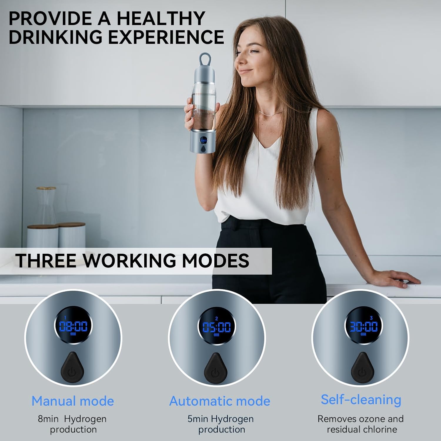 Hydrogen Water Bottle with Three Modes Produces 5000 PPB of Hydrogen Water in 8 Minutes,Made of Aluminium and Glass,with Colorful Light,Rechargeable for Travelling,Office,Home