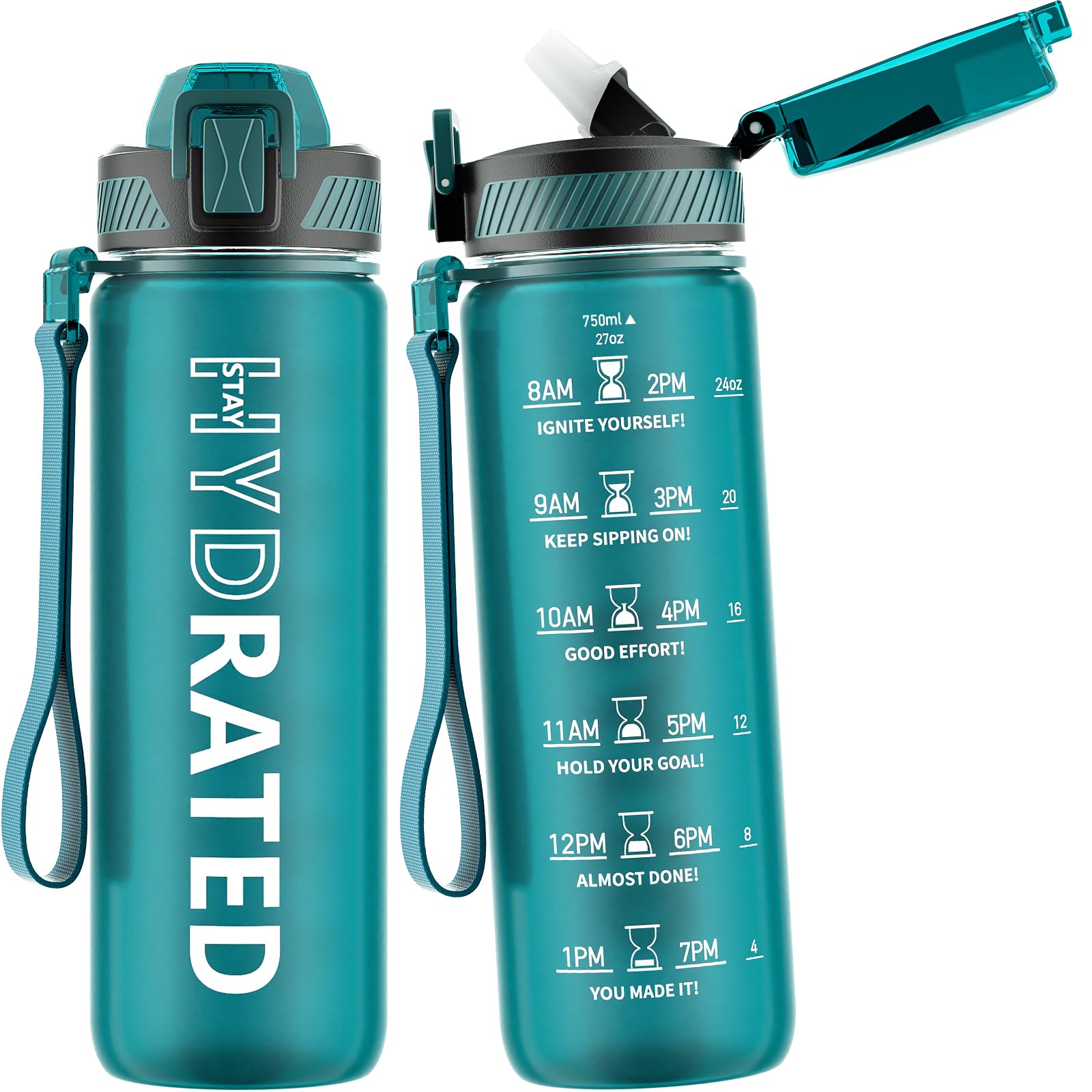 Water Bottle with Straw, 32oz Motivational Water Bottles with Time Marker to Drink, Tritan BPA Free, 1L Sports Water Bottle with Carry Strap LeakProof for Women Gym Fitness Outdoor (1 Pack)