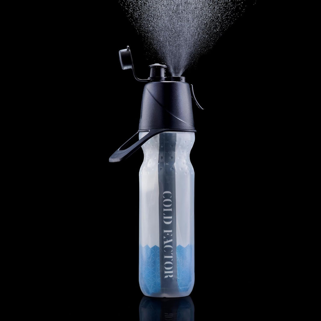COLD FACTOR Insulated Water Bottle with Cooling Spray – Refillable Sport Bottle for Gym, Cycling, Fitness, and Outdoor Sports, Bike BPA Free, Reusable Design for Training and Travel, 20oz Blue/White