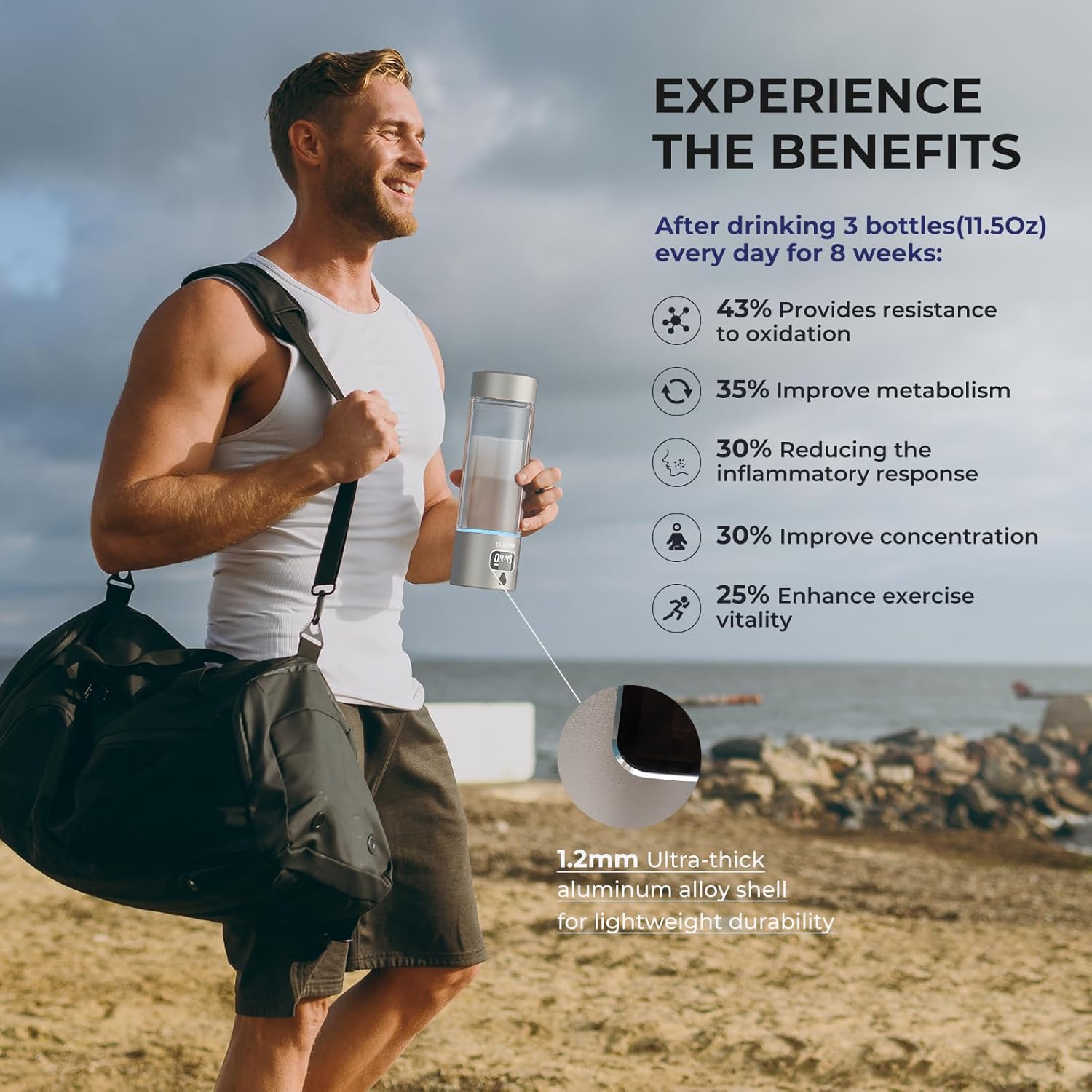 Hydrogen Water Bottle, Portable Glass Hydrogen Water Bottle Generator Machine — SPE/PEM Technology — Athletic Performance & Hydration System — for Gym, Sports, Travel & Outdoor, 11.5Oz (Silver)