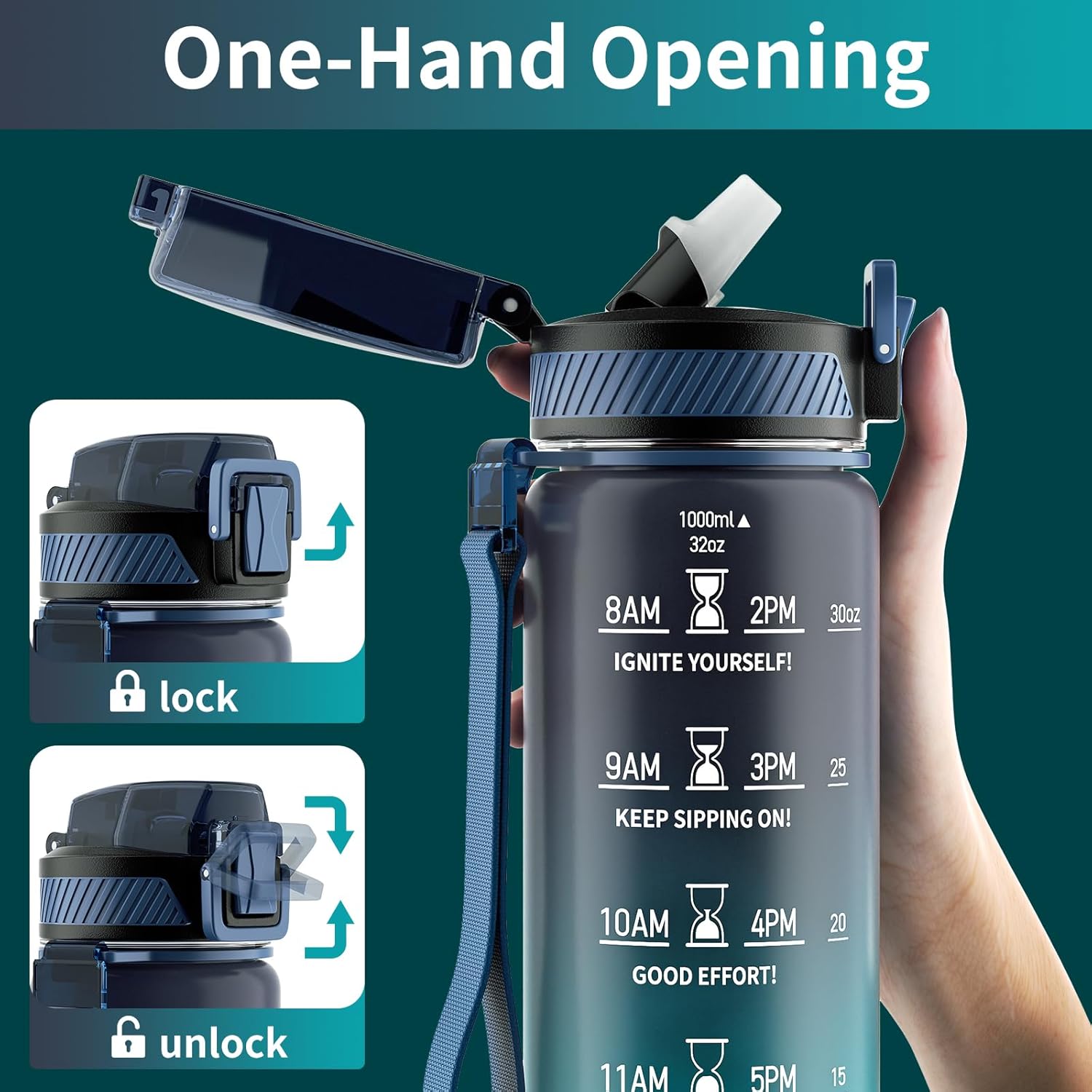 Water Bottle with Straw, 32oz Motivational Water Bottles with Time Marker to Drink, Tritan BPA Free, 1L Sports Water Bottle with Carry Strap LeakProof for Women Gym Fitness Outdoor (1 Pack)