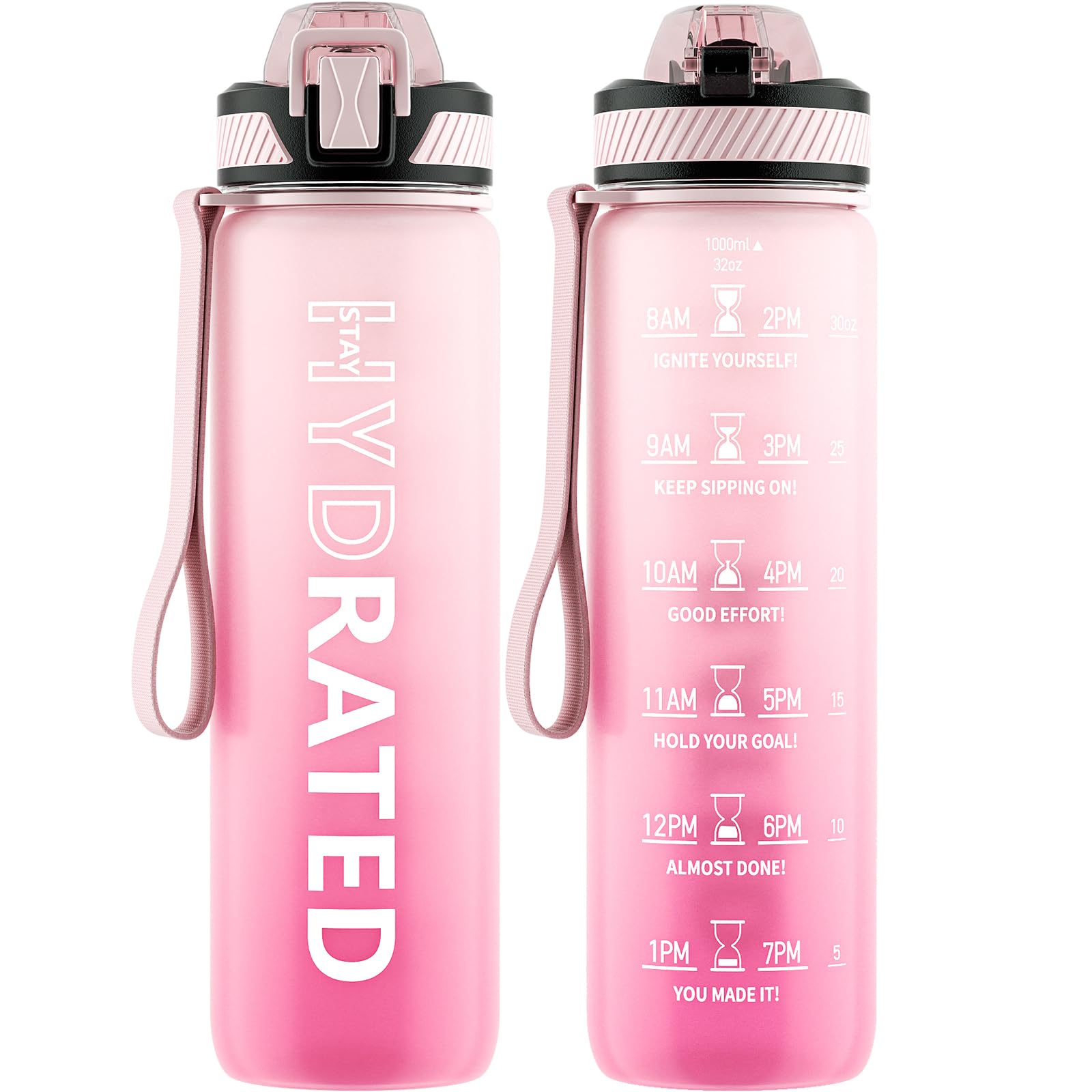 Water Bottle with Straw, 32oz Motivational Water Bottles with Time Marker to Drink, Tritan BPA Free, 1L Sports Water Bottle with Carry Strap LeakProof for Women Gym Fitness Outdoor (1 Pack)