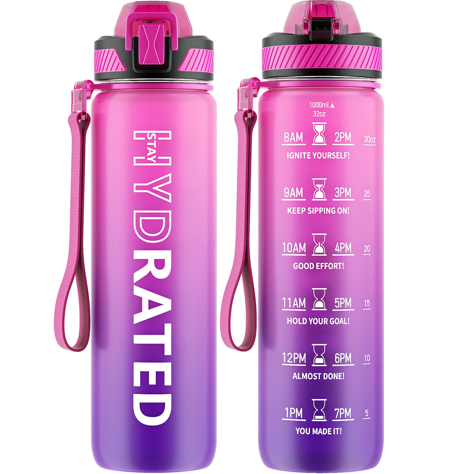 Water Bottle with Straw, 32oz Motivational Water Bottles with Time Marker to Drink, Tritan BPA Free, 1L Sports Water Bottle with Carry Strap LeakProof for Women Gym Fitness Outdoor (1 Pack)