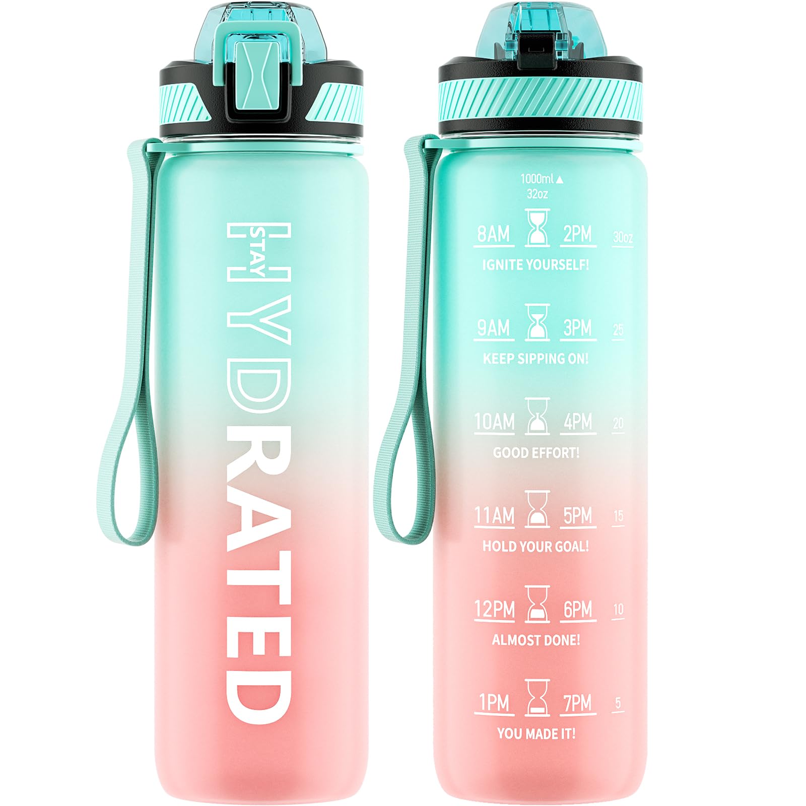 Water Bottle with Straw, 32oz Motivational Water Bottles with Time Marker to Drink, Tritan BPA Free, 1L Sports Water Bottle with Carry Strap LeakProof for Women Gym Fitness Outdoor (1 Pack)