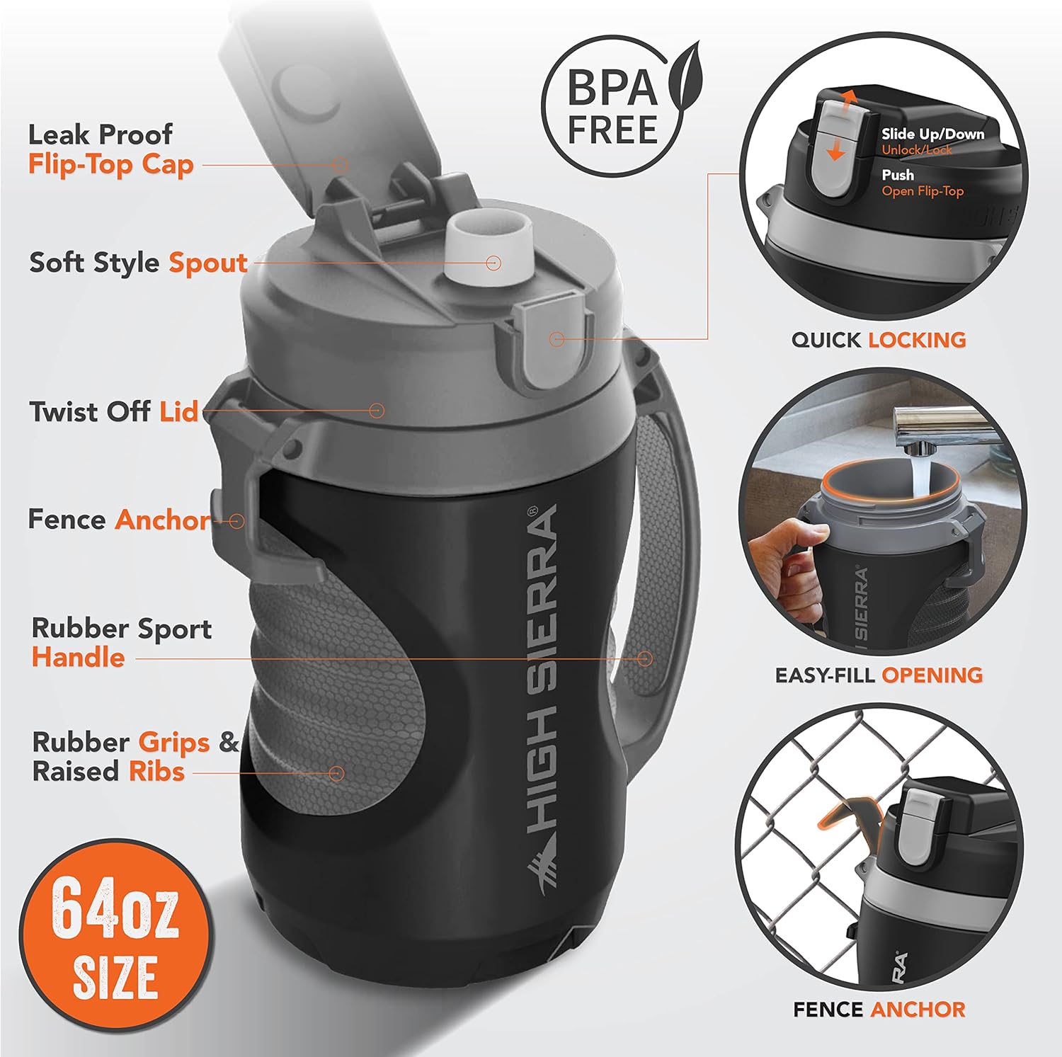 High Sierra 64 ounce Insulated Water Bottle – 64 oz Water Jug, Double Wall Insulation, Leakproof Flip-Top Lid, Silicone Spout, BPA-Free Half Gallon Bottle for Gym, Hiking, Outdoors with Fence Anchor