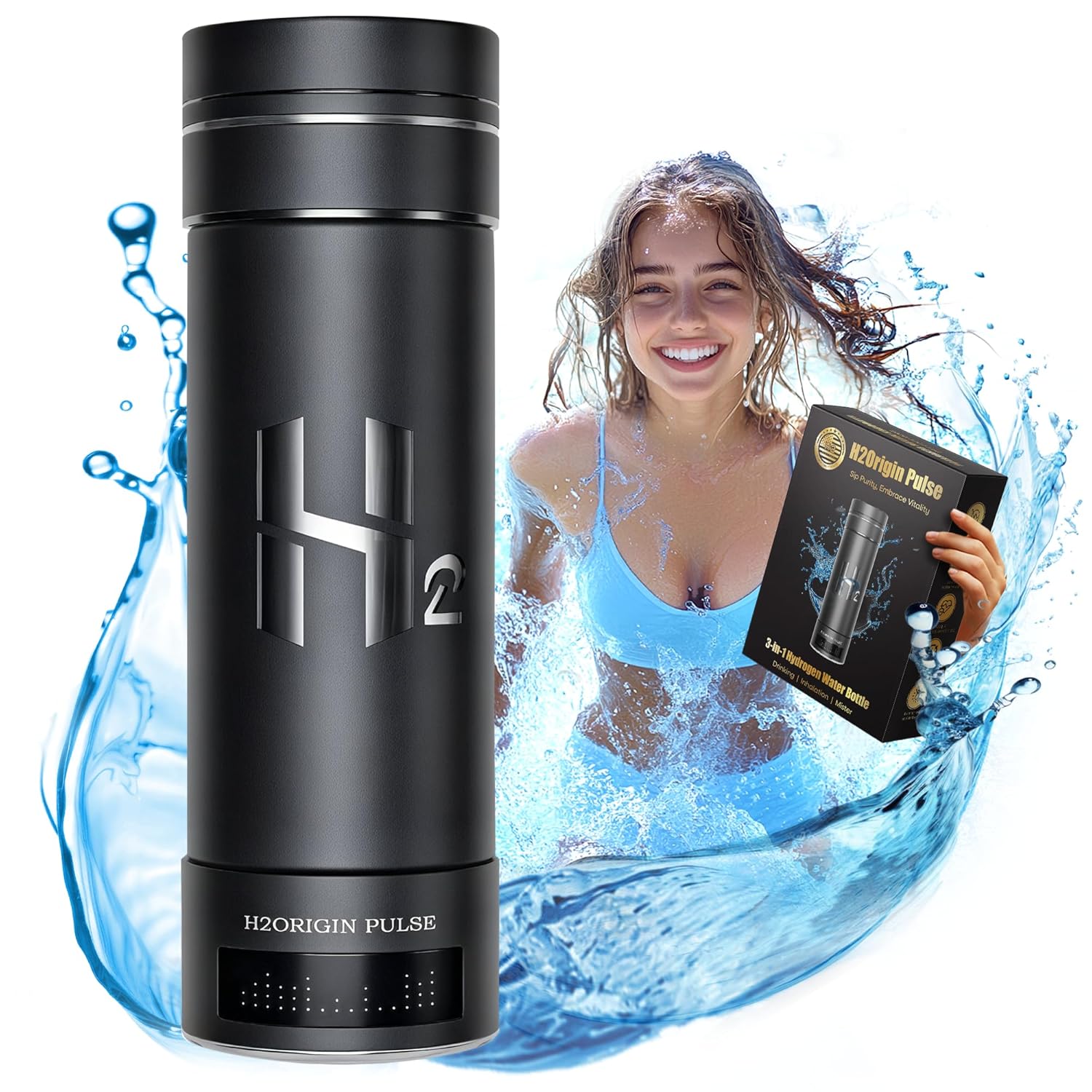 Hydrogen Water Bottle Generator, Up to 9000 PPB Hydrogen Bottle Water Ionizer with SPE/PEM Technology, 3-in-1 Portable Universal Adapter and Refreshing Mist Spray for Home Hydration