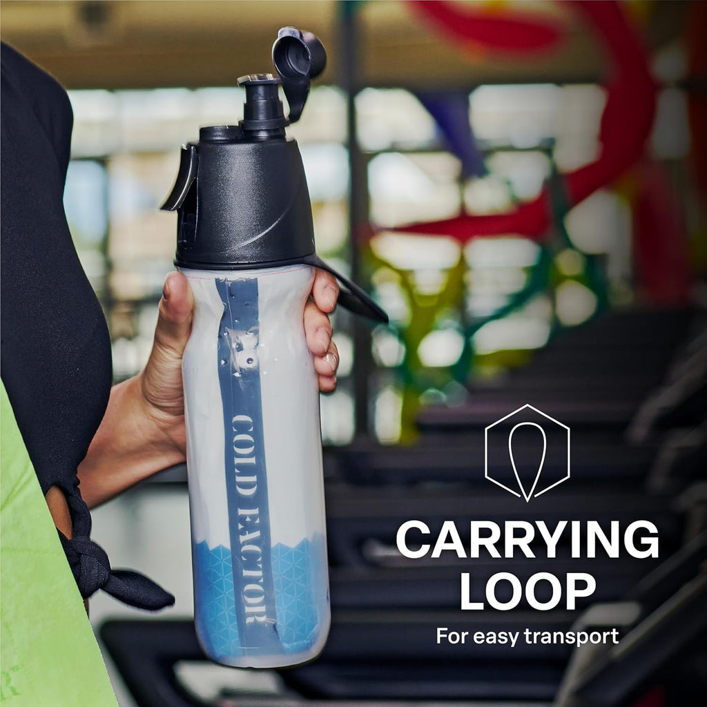 COLD FACTOR Insulated Water Bottle with Cooling Spray – Refillable Sport Bottle for Gym, Cycling, Fitness, and Outdoor Sports, Bike BPA Free, Reusable Design for Training and Travel, 20oz Blue/White